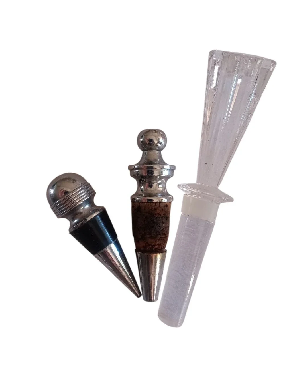 Clear Glass Natural Cork And Silver Wine Bottle Stoppers - Set Of 3